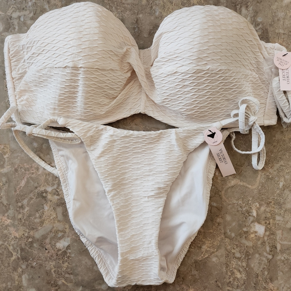 38C/M Victoria's Secret Swim Bandeau Bikini Top Side Tie Cheeky Bikini Set